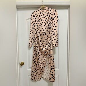 High Neck Long Sleeve Satin Print Slit Dress  NWT
